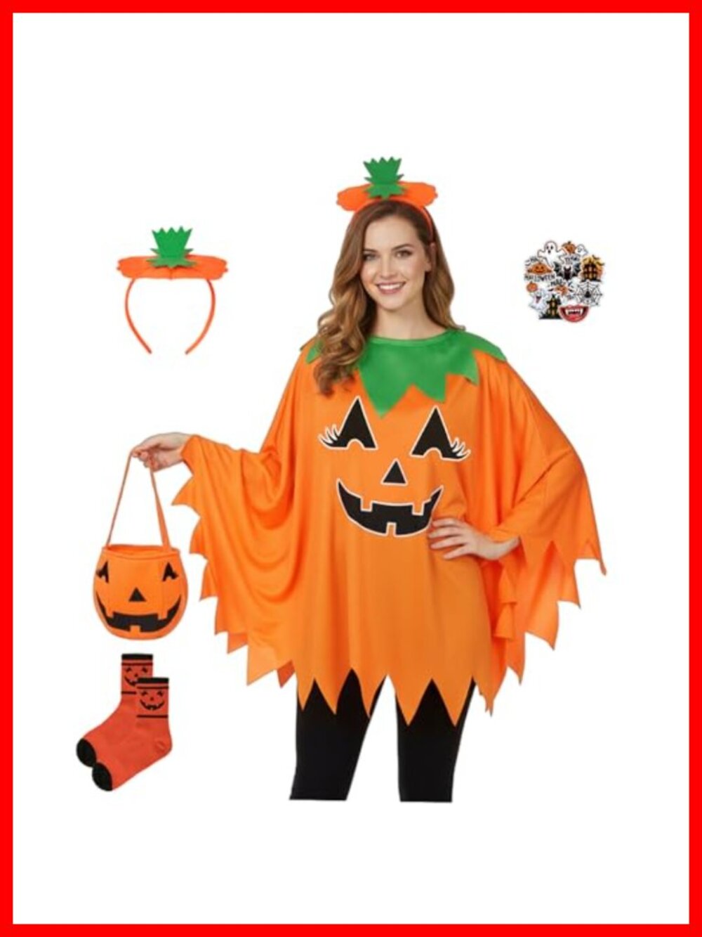 5PC Halloween Pumpkin Poncho Costume Set Glow in Dark Cape Headband Bag Socks